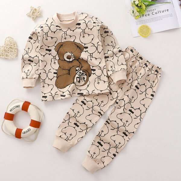 Kinderpyjama's-5 Kinderpyjama, bruine beren op beige achtergrond met patroon